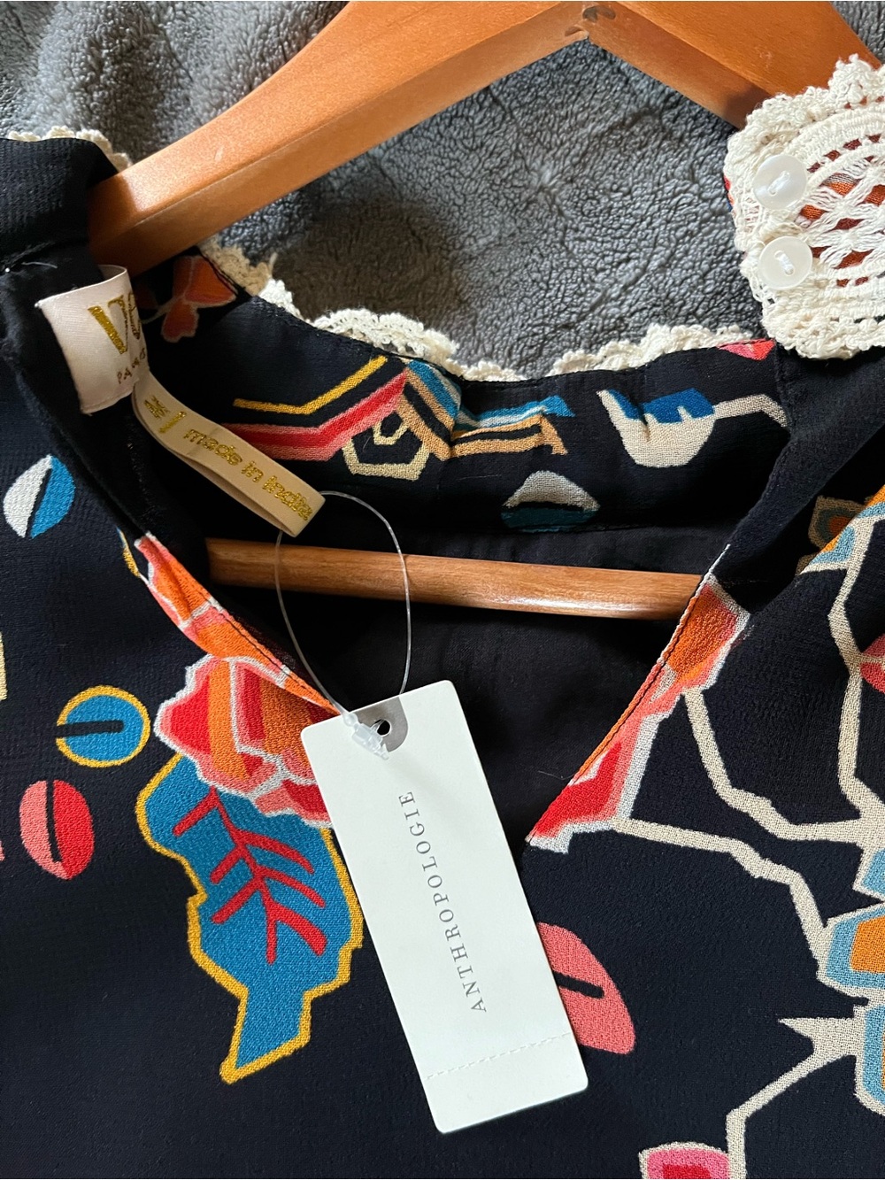 Anthropologie Black Floral & Geometric Mixed Print Dress with Crochet Collar - Picture 6 of 8